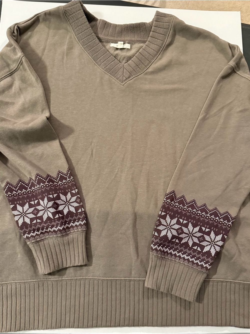 Maurices Taupe Crew V-Neck Sweater with Maroon & White Fair Isle Cuffs